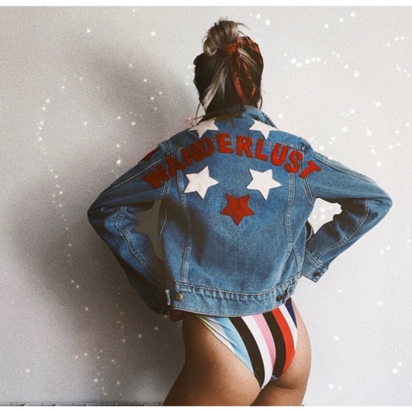 HIGH HEELS SUICIDE WANDERLUST Star Patch Embellished DENIM jean JACKET Sz S - Picture 10 of 16